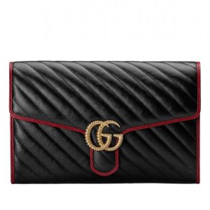 Gucci GG Marmont Black Diagonal Matelasse Quilted Leather Red Trimming Classic Brass Logo Garniture Lady Brass Chain Clutch Bag