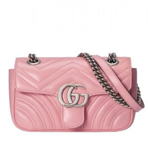 Gucci GG Marmont Silver GG Logo Buckle Back Heart Pattern Chain Shoulder Strap Pink Matelasse Chevron Leather Mini Bag