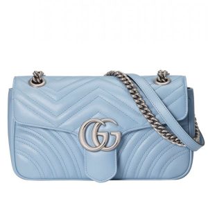 Gucci GG Marmont Silver GG Logo Buckle Chain Shoulder Strap Small Light Blue Quilted Leather Shoulder Bag For Ladies USA