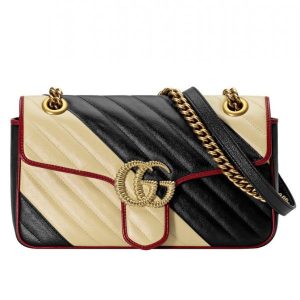 Gucci GG Marmont Twisted Logo Buckle Red Leather Trimming Cream & Black Diagonal Leather Patchwork Women Chic Golden Chian Shoulder bag