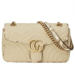 Gucci GG Marmont Raffia Snakeskin Trimming Brass Logo Spring Closure Link Shoulder Strap Women Shoulder Bag Beige